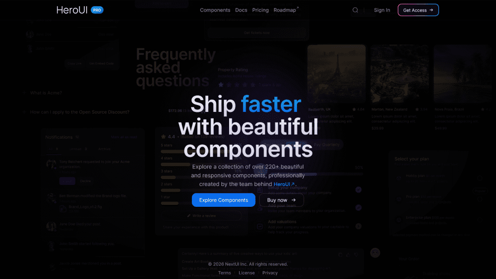 HeroUI Pro - Explore a collection of over 220+ beautiful and responsive components, professionally created by the team behind HeroUI