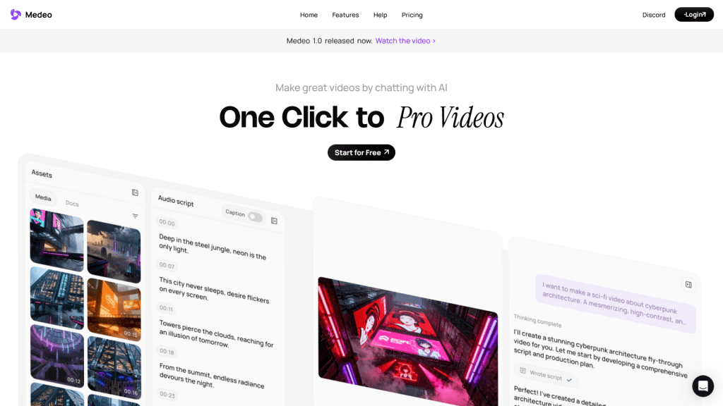 Medeo - Make great videos by chatting with AI, One Click toPro Videos.