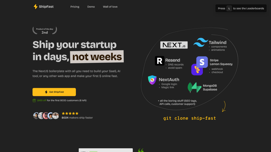 ShipFast - The NextJS boilerplate with all you need to build your SaaS, AI tool, or any other web app and make your first $ online fast.