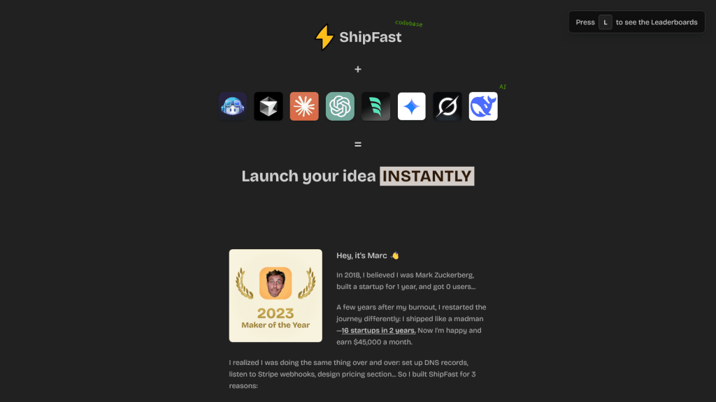 ShipFast - The NextJS boilerplate with all you need to build your SaaS, AI tool, or any other web app and make your first $ online fast.